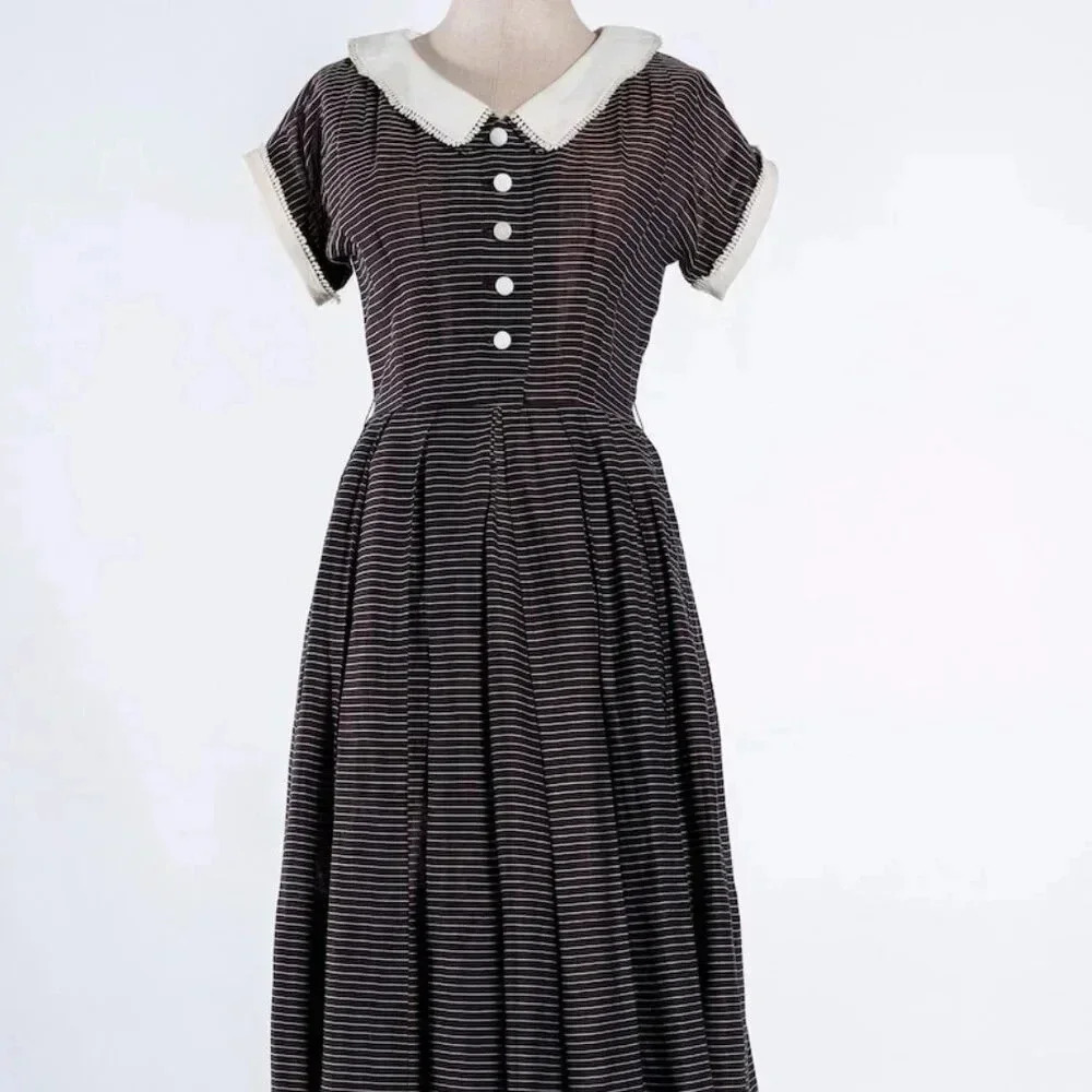 80s Vintage Brown and White Collared Dress (1950s Style)